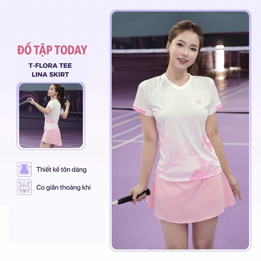 [NEW ARRIVAL] Set quần áo cầu lông nữ áo T-Flora Hồng Phối Váy Lina Hồng thoáng mát thấm hút mồ hôi hoạ tiết trẻ trung