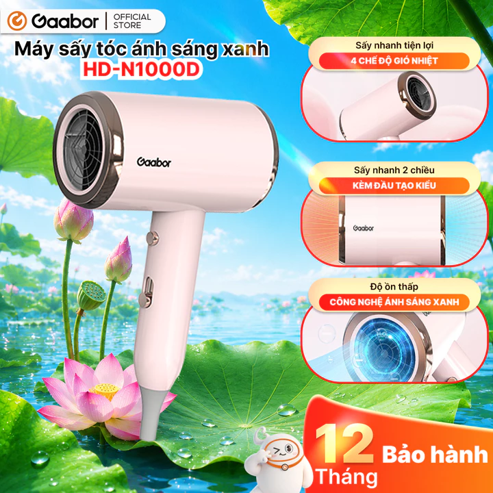 Máy sấy tóc Gaabor HD-N1000D sấy nhanh 2 chiều nóng lạnh công suất 1000W độ ồn thấp ánh sáng xanh