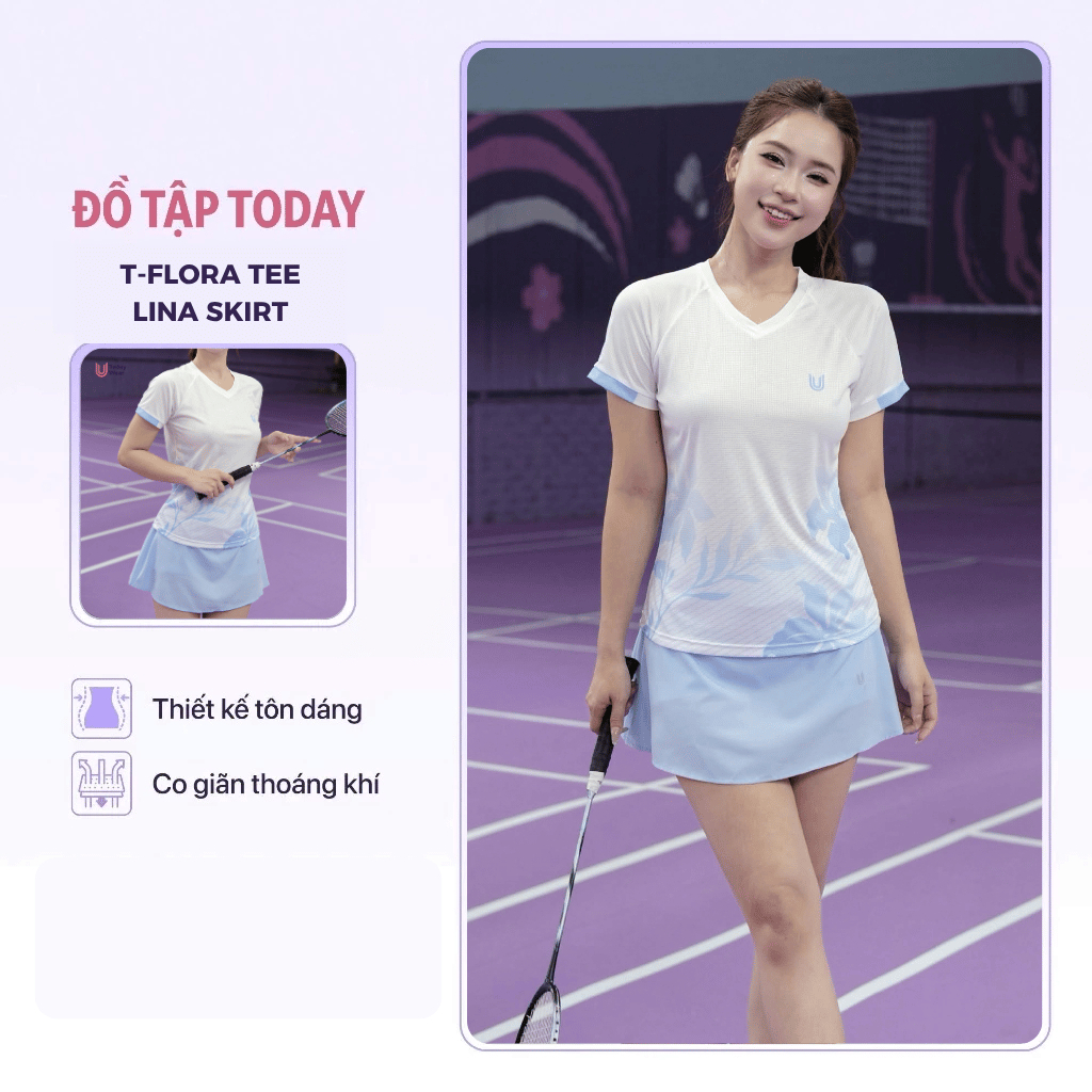 [NEW ARRIVAL] Set quần áo cầu lông nữ áo T-Flora Xanh biển Phối Váy Lina Xanh Biển thoáng mát thấm hút mồ hôi