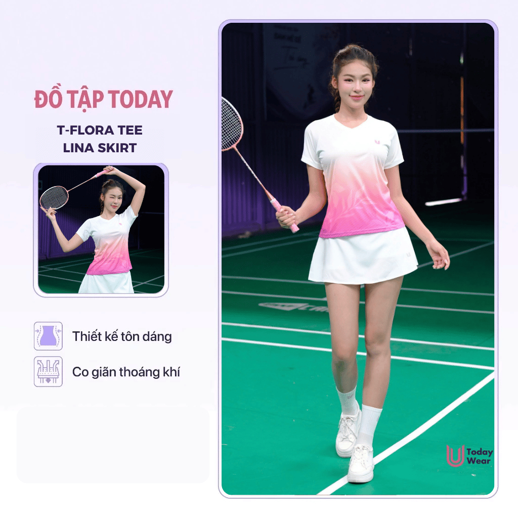[NEW ARRIVAL] Set quần áo cầu lông nữ áo T-Flora Cam Phối Váy Lina Trắng thoáng mát thấm hút mồ hôi hoạ tiết trẻ trung