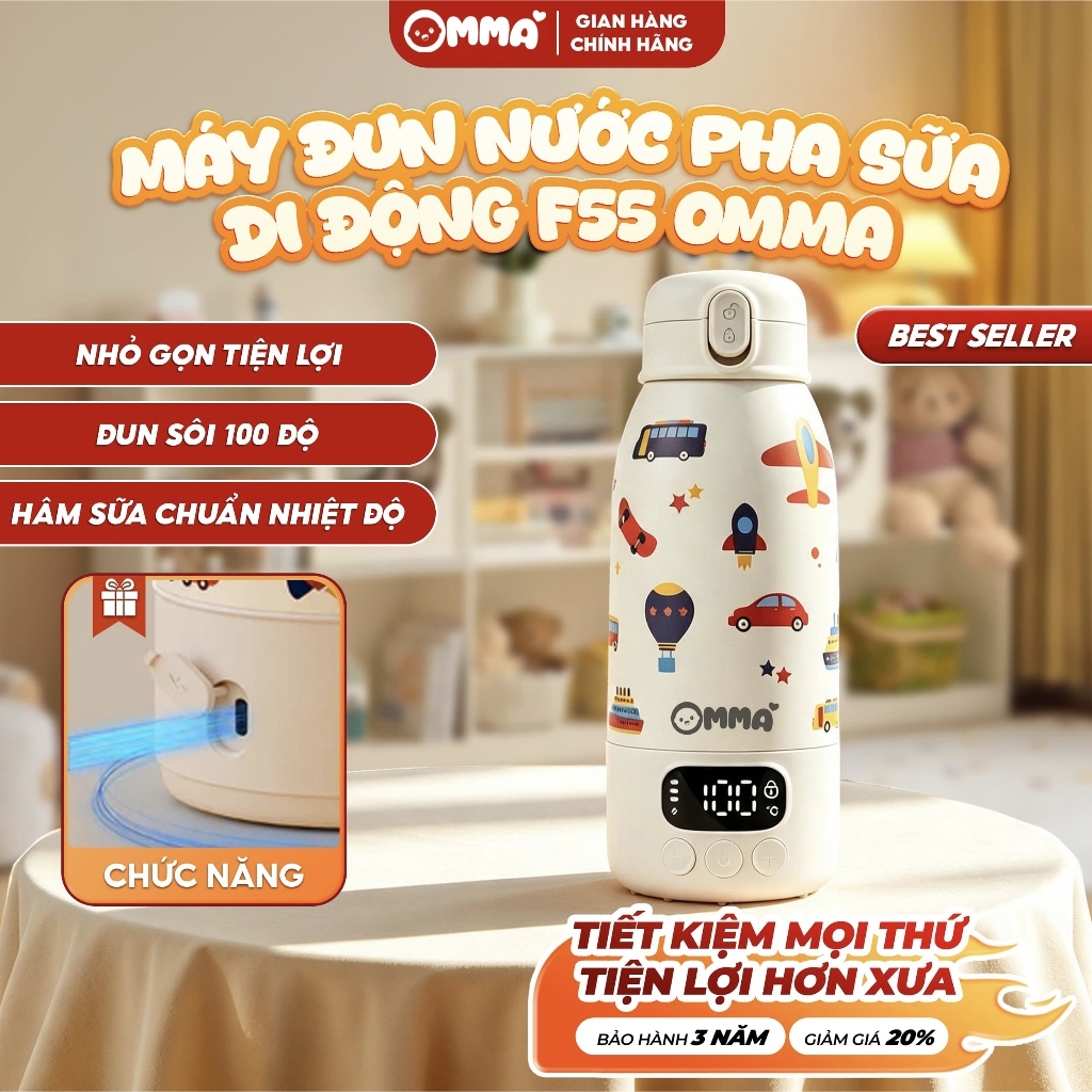 Bình Đun Pha Sữa Di Động Omma F55 Không Dây – Hâm Nước Pha Sữa , Điều Chỉnh Nhiệt Độ, Đun Sôi 100°C