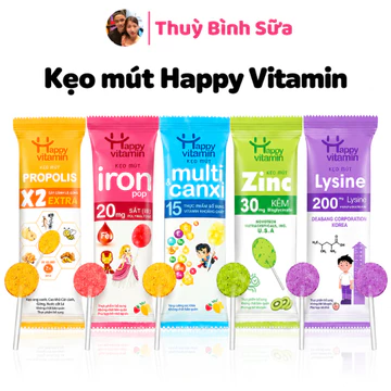 Kẹo mút Happy Vitamin bổ sung Iron, Kẽm, Canxi, Lysine, Keo Ong Propolis Extra cho bé