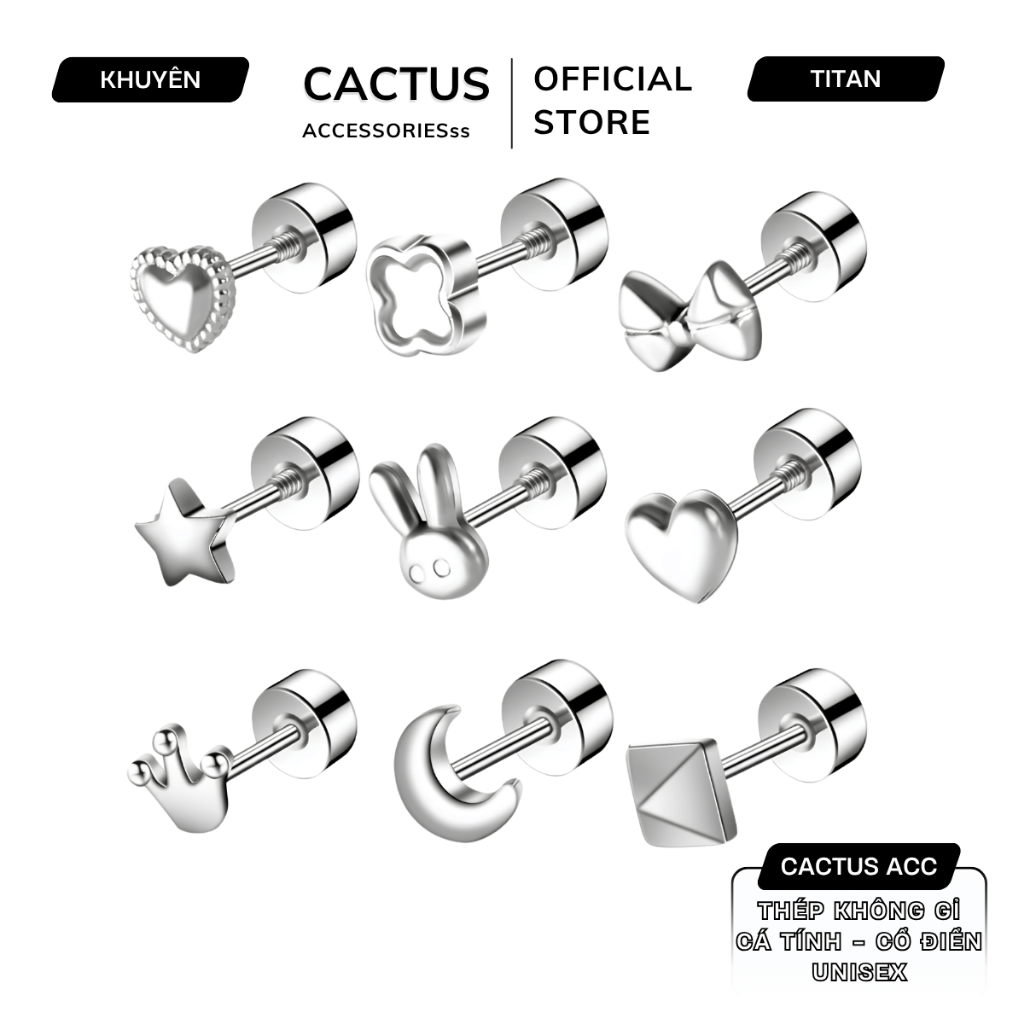 Khuyên tai bi 10mm thép Titan không gỉ Cactus Acc, bông tai nhiều hình dáng, phụ kiện không bay màu