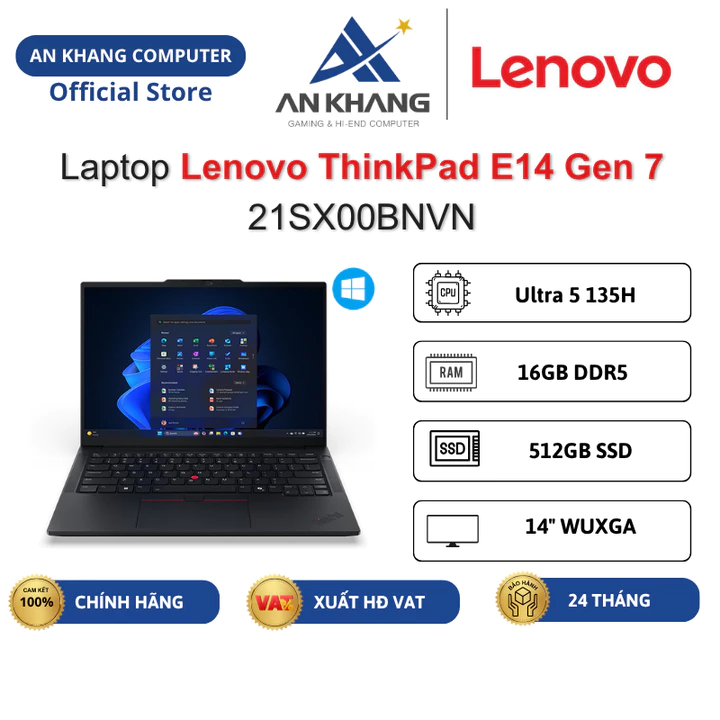 Laptop Lenovo ThinkPad E14 Gen 7 21SX00BNVN (Ultra 5 135H/ 16GB Ram/ 512G SSD/ 14"WUXGA/ Win 11) Chính hãng BH 24 Tháng