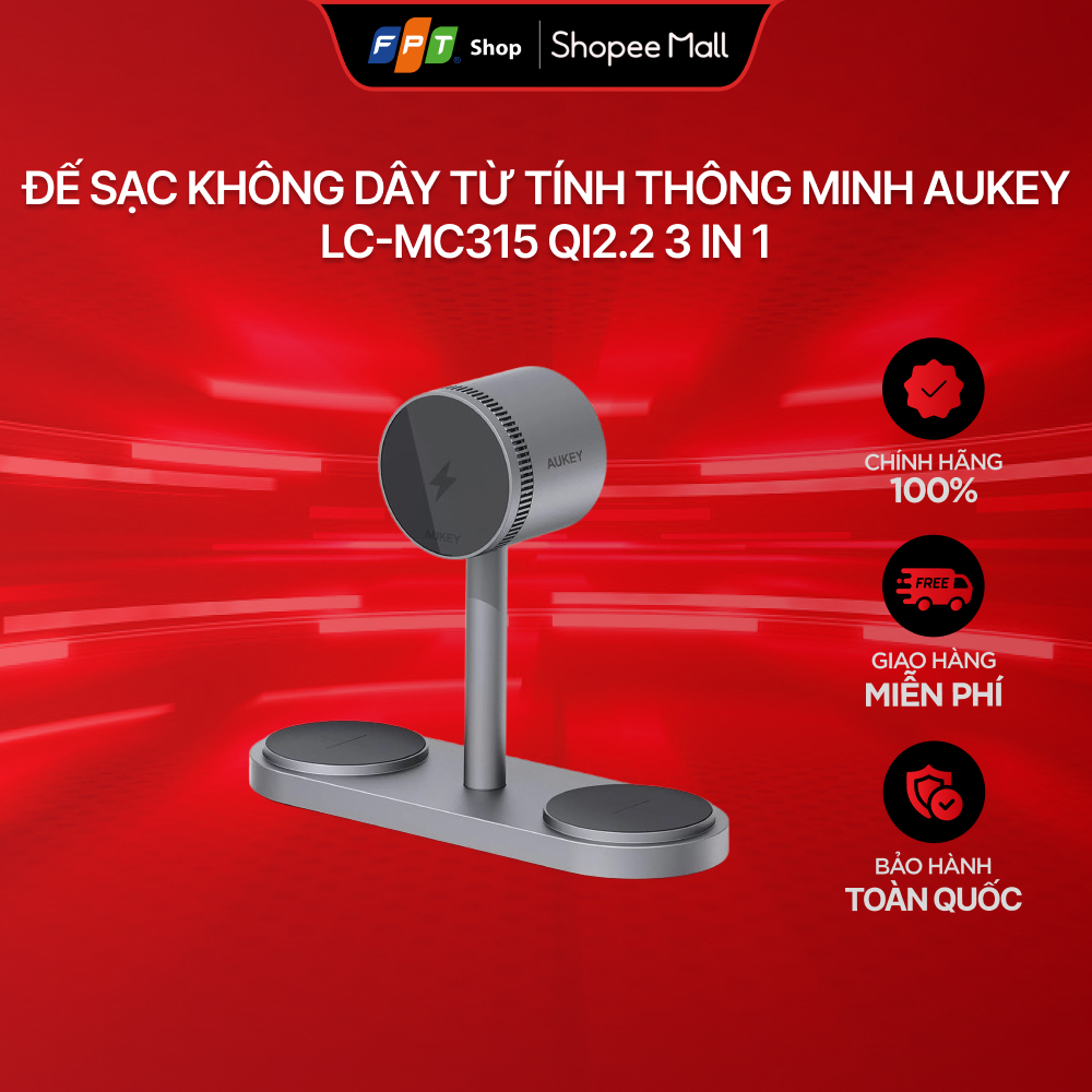 Đế sạc không dây từ tính thông minh Aukey LC-MC315 Qi2.2 3 in 1