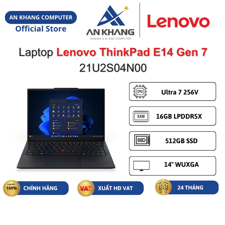 Laptop Lenovo ThinkPad E14 Gen 7 21U2S04N00 (Ultra 7 256V, 16GB RAM, 512GB SSD, 14" WUXGA, No OS) Chính hãng BH 24 Tháng
