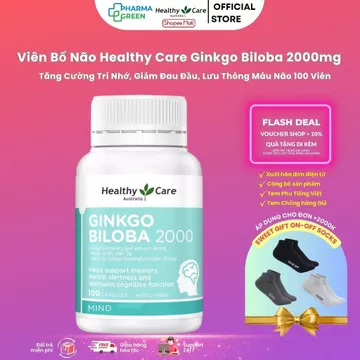 Viên uống bổ não Ginkgo Biloba 2000 Healthy Care giúp tuần hoàn lưu thông máu 100 viên
