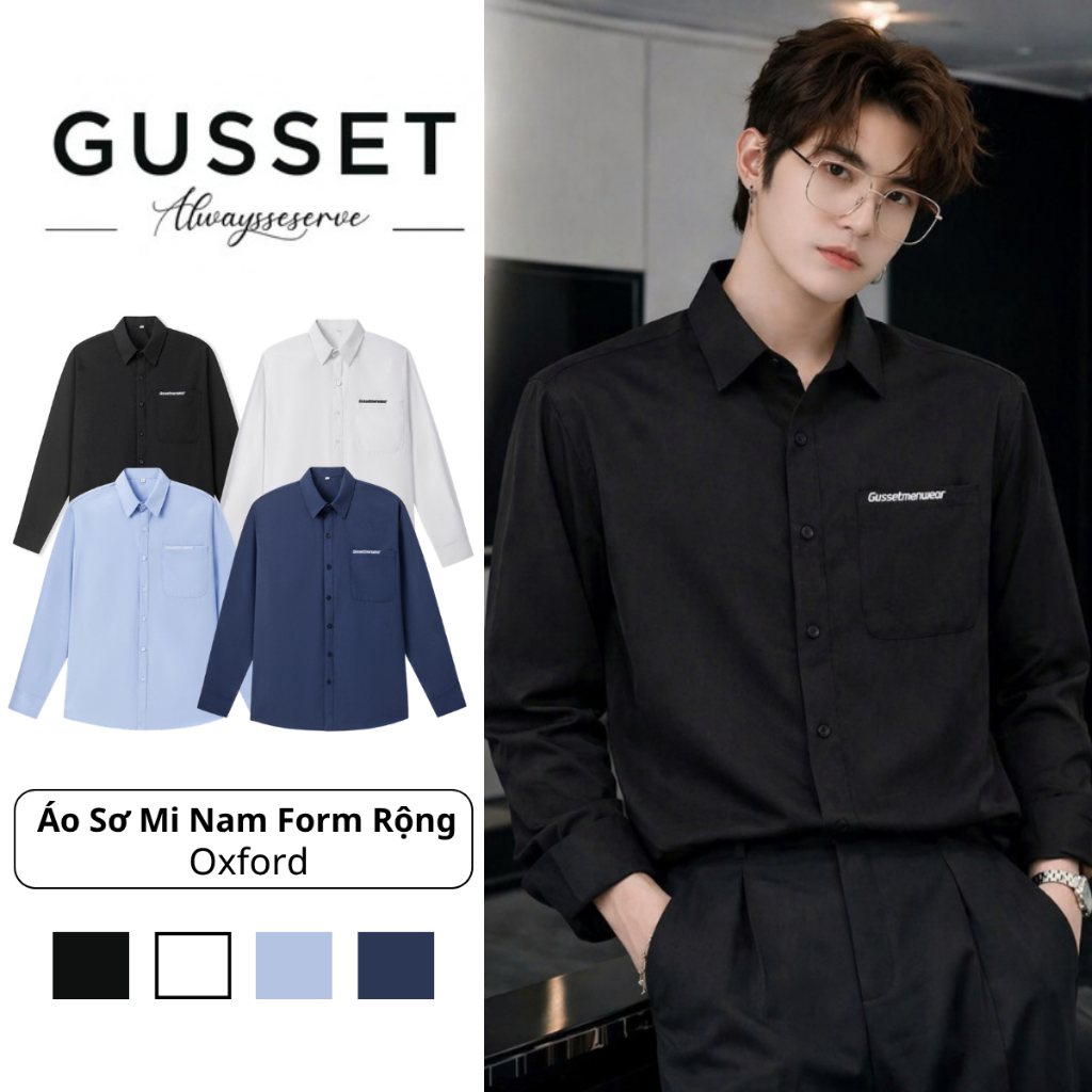Áo Sơ Mi Nam GUSSET Form Rộng Oxford Đen, Phong Cách Hàn Quốc, Thanh Lịch Hiện Đại