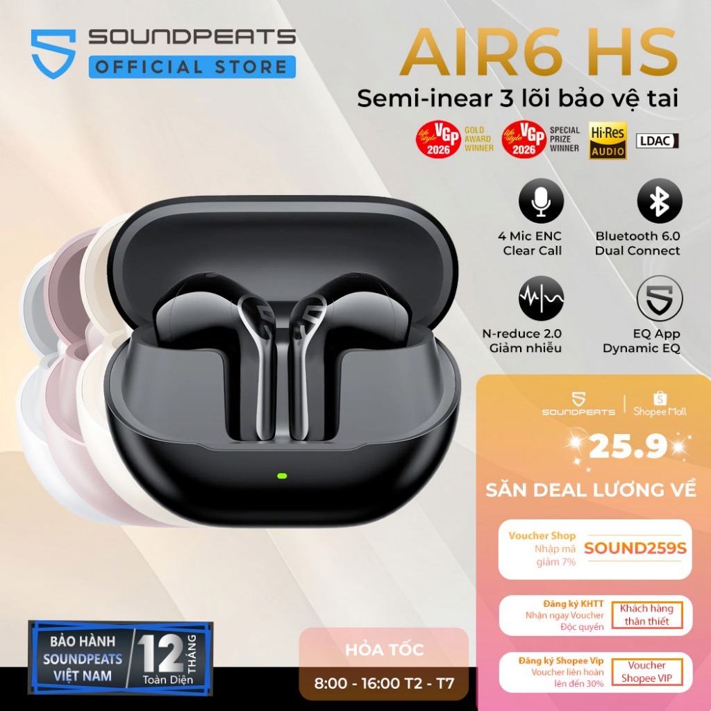 Tai Nghe True Wireless SoundPEATS Air6 HS Hires Audio | Driver Sinh Học 3 Lõi Bảo Vệ Tai | N-Reduce 2.0 | Bluetooth 6.0 | BigBuy360 - bigbuy360.vn