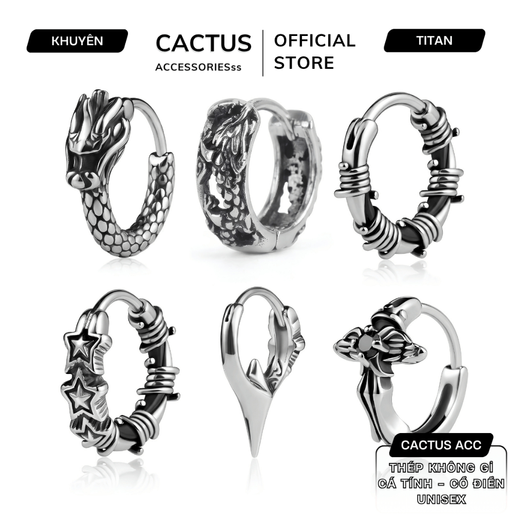 Khuyên tai tròn cá tính Cactus Acc, phụ kiện thiết kế Unisex nam nữ, bông tai thép Titan không gỉ