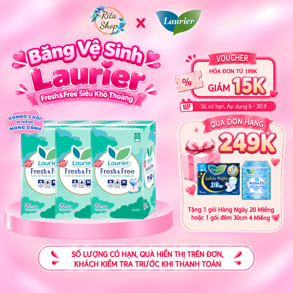 [COMBO 3 GÓI BVS] Băng Vệ Sinh Laurier Fresh & Free Ban Ngày Siêu Mỏng Cánh 22cm 20 Miếng
