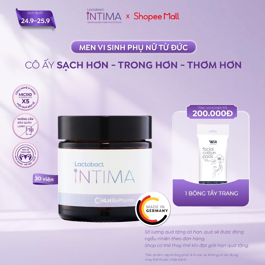 Men vi sinh phụ khoa Lactobact Intima bổ sung lợi khuẩn, Cranberry, D-Mannose từ Đức 1 hộp 30 viên