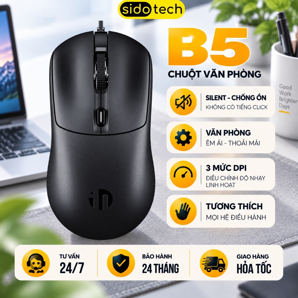 Chuột máy tính có dây văn phòng silent SIDOTECH INPHIC B5 gaming tắt âm chống ồn 3 mức DPI chơi game cho PC laptop