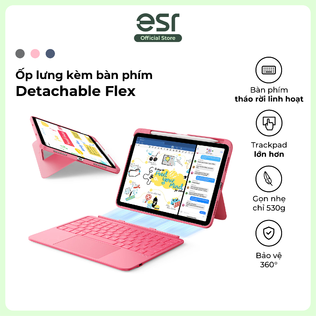 Ốp lưng kèm bàn phím Detachable Flex ESR dành cho máy tính bảng Gen 11/A16/10 tháo rời linh hoạt