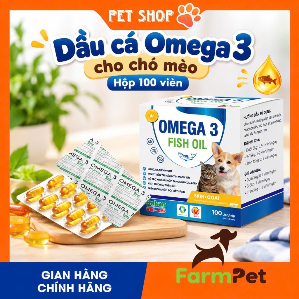 Dầu cá Sakan cho chó mèo bổ sung Omega dinh dưỡng hộp 100 Viên - Farm pet
