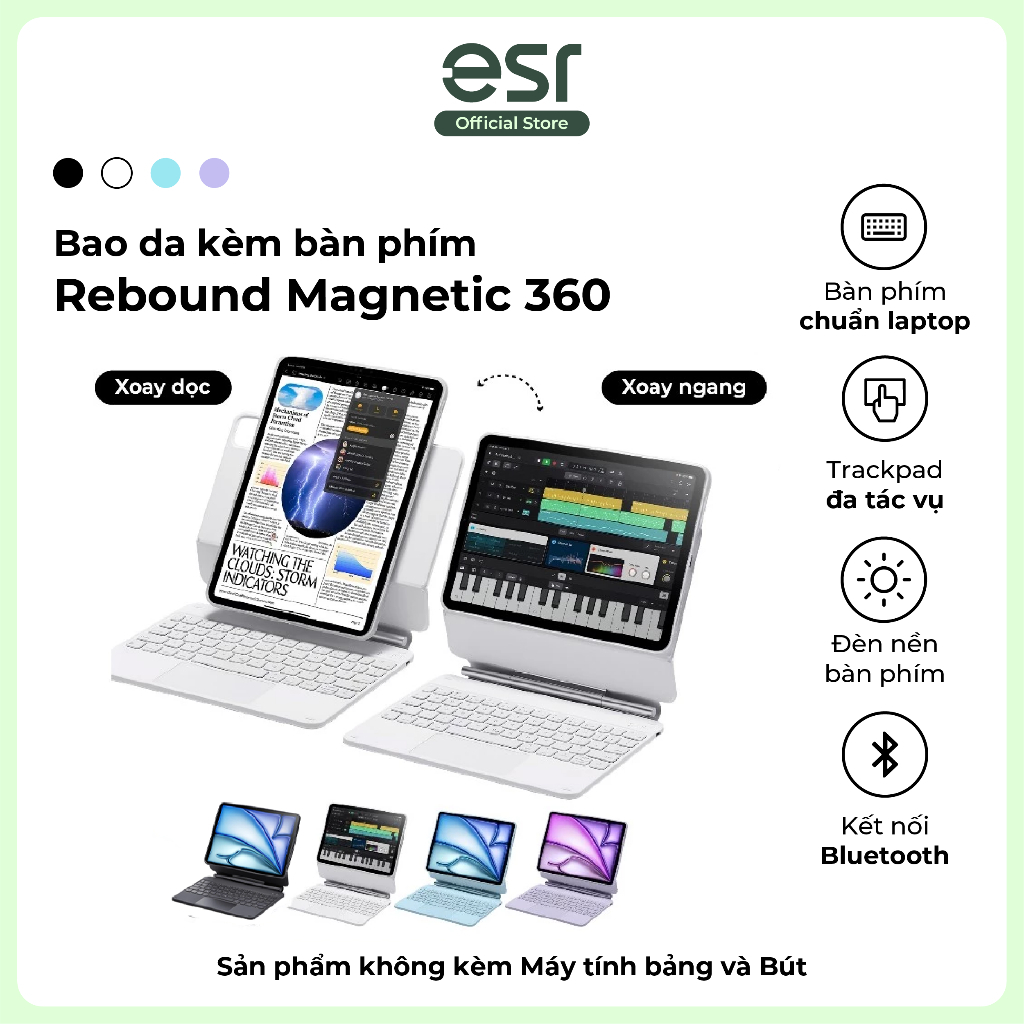 Bao da kèm bàn phím iPad ESR Magnetic Rebound 360 Bảo vệ toàn diện 3 góc xem cho Air 11" 13" (2024/2025/2026) Pin 180h