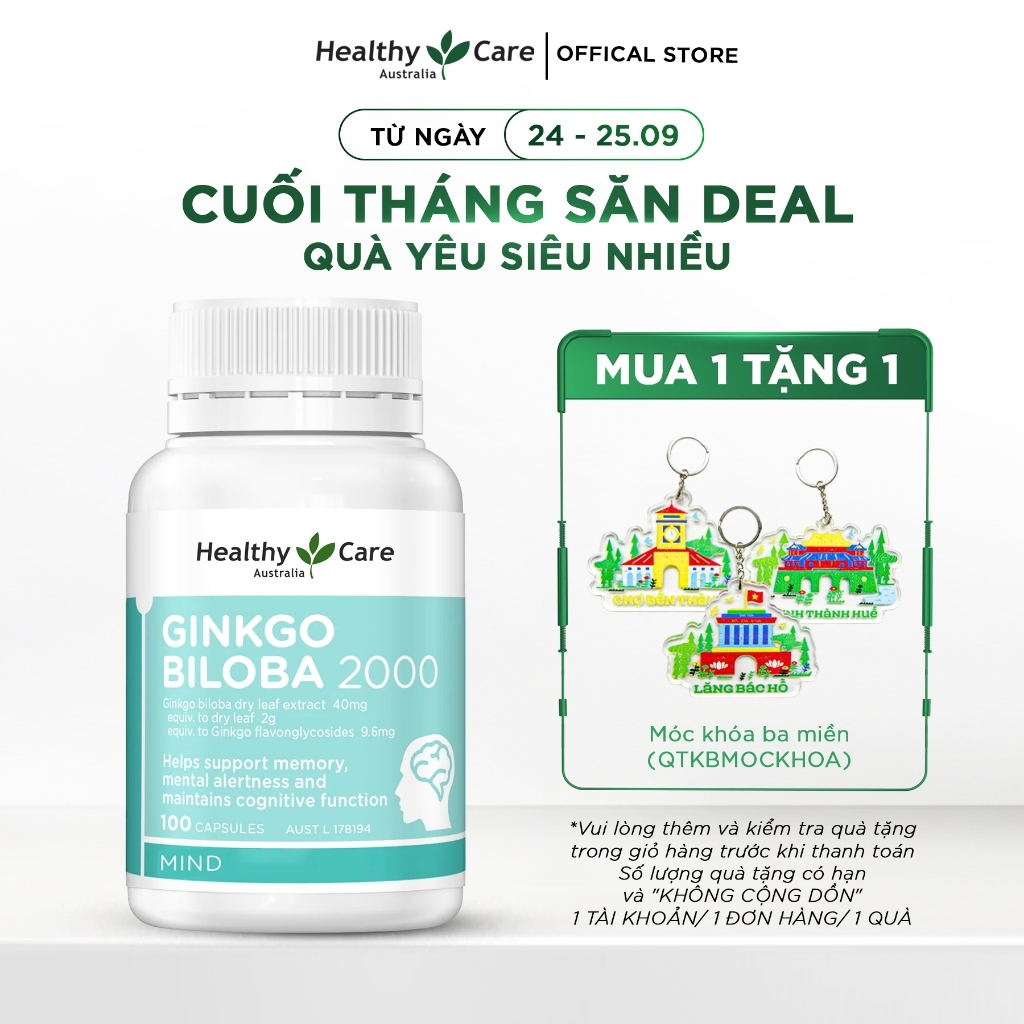 [SVIP] Viên Bổ Não Healthy Care Ginkgo Biloba 2000mg Tăng Cường Trí Nhớ, Giảm Đau Đầu, Lưu Thông Máu Não 100 Viên
