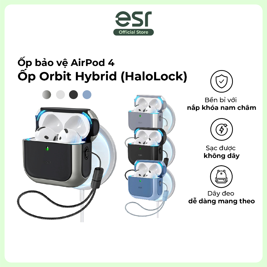Ốp bảo vệ AirPod 4 ESR Orbit Hybrid Case chống sốc va đập hỗ trợ sạc không dây có dây đeo tay nắp khóa nam châm