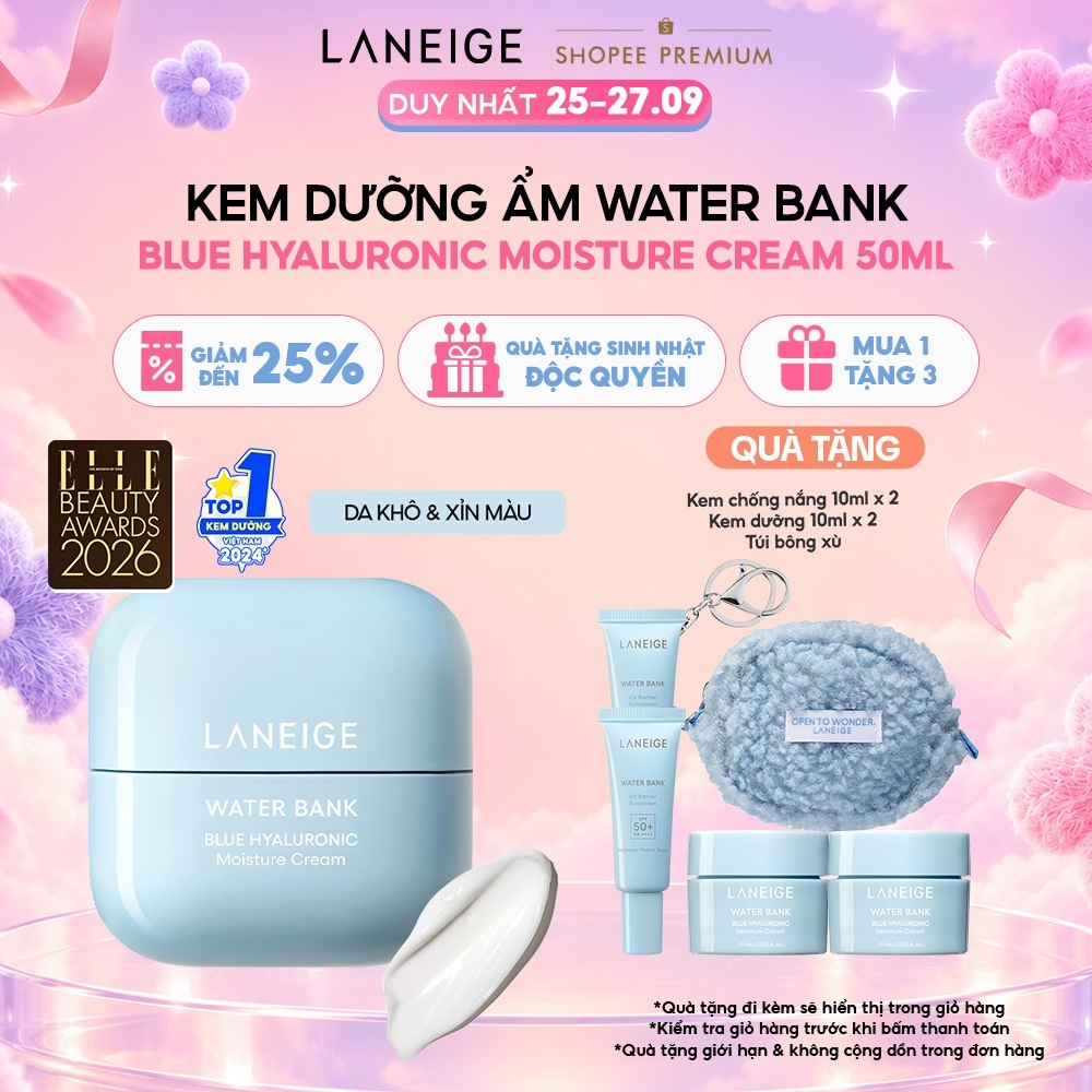 Kem Dưỡng Ẩm Sâu 100H Laneige Water Bank Blue Hyaluronic Moisture Cream 50ml (Da Thường và Da Khô)
