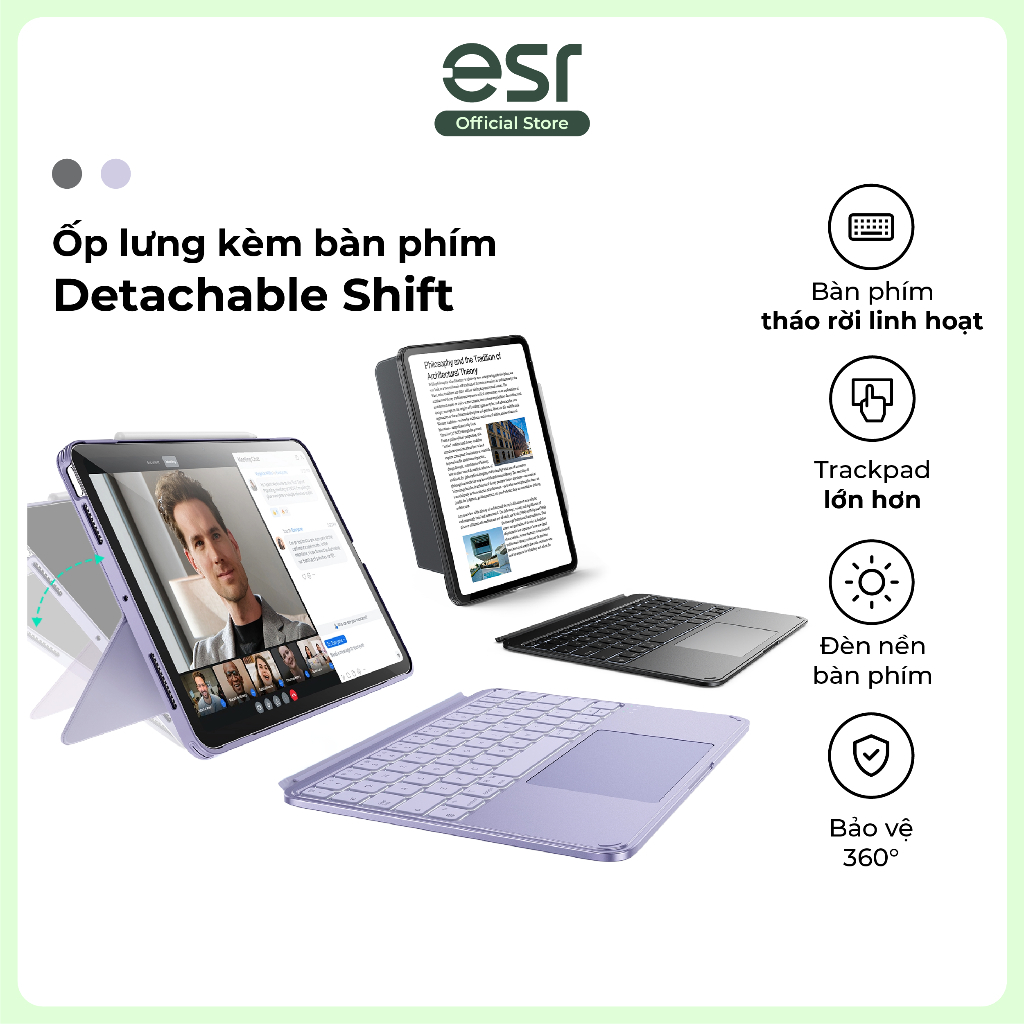 Ốp lưng kèm bàn phím ESR Detachable Shift dành cho iPad Air 4/5/6/7/8, Gen 11/A16/10, Pro M4/M5 tháo rời linh hoạt