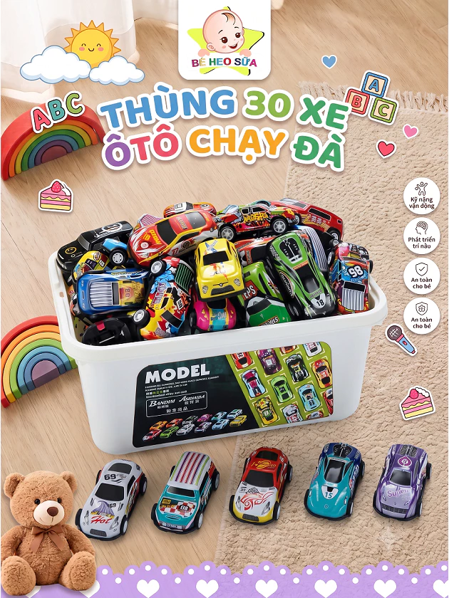 Thùng 30 ô tô đồ chơi cho bé chạy đà cót bằng hợp kim sắt bền bỉ, chống va đập loại có thùng đựng to