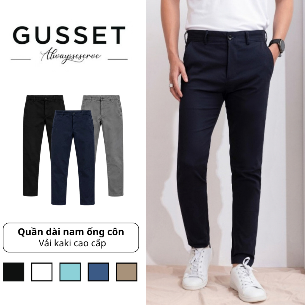 Quần Dài Nam GUSSET Ống Côn Vải Kaki Dày Dặn Dáng Slimfit Quần Tây Trắng Đen Thanh Lịch Thời Trang Nam