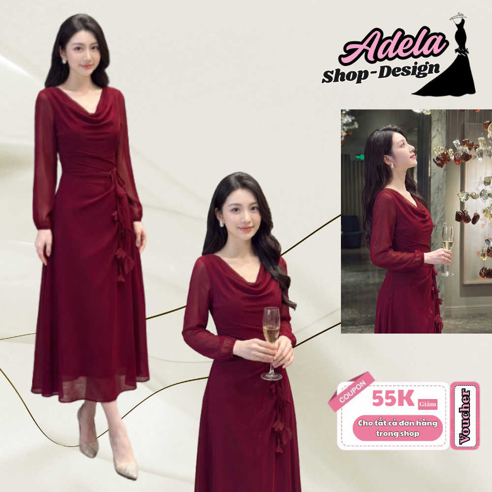Váy Thiết Kế ADELA DESIGN Tơ Óng Hàn Burgundy Cổ Đổ Tay Dài Hoa Đính Liền MDU6562