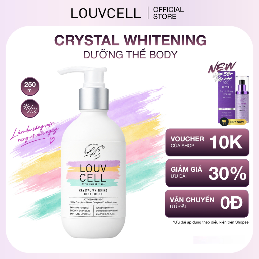 [VHL REVIEW] LOUVCELL Kem Body Dưỡng Thể Trắng Da Cấp Ẩm Crystal Whitening Body Lotion 250ml