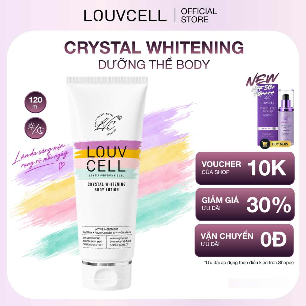 [VHL REVIEW] LOUVCELL Kem dưỡng trắng body Crystal Whitening Body Lotion 120ml - Hàng công ty, có VAT