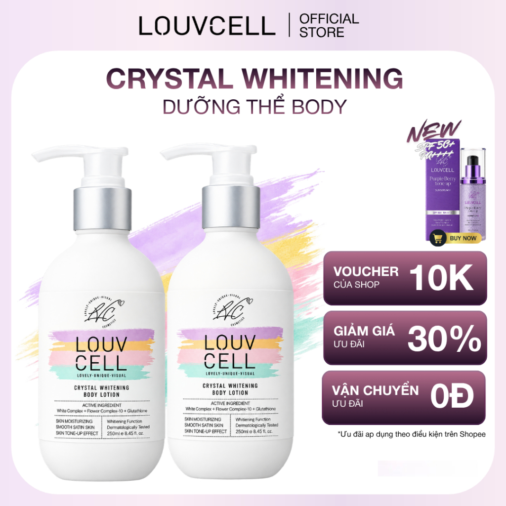 [VHL REVIEW] LOUVCELL Combo 2 Chai Kem Body Dưỡng Thể Trắng Da Cấp Ẩm 250ml, Full Size