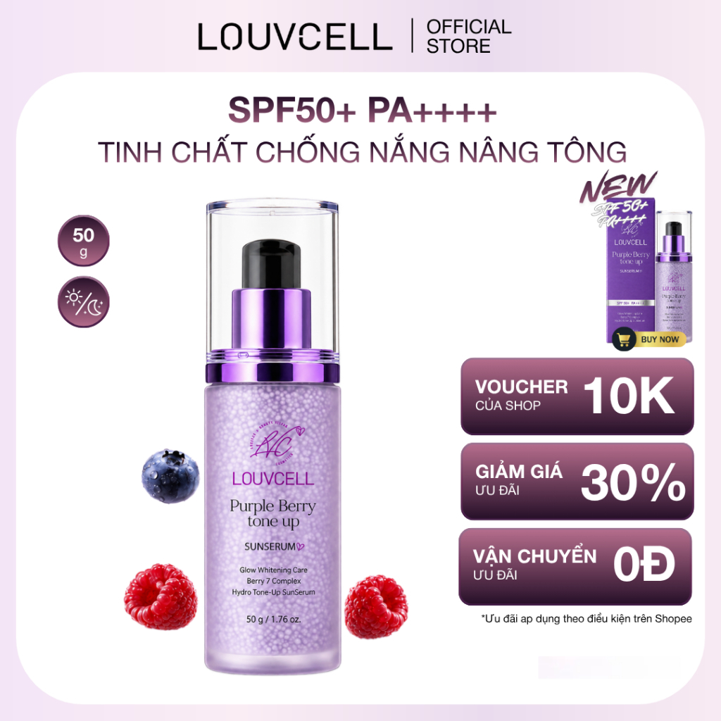 LOUVCELL Tinh Chất Chống Nắng Bọc Viên Nang Nâng Tone Purple Berry Tone Up Sun Serum SPF50+ PA++++ 50g