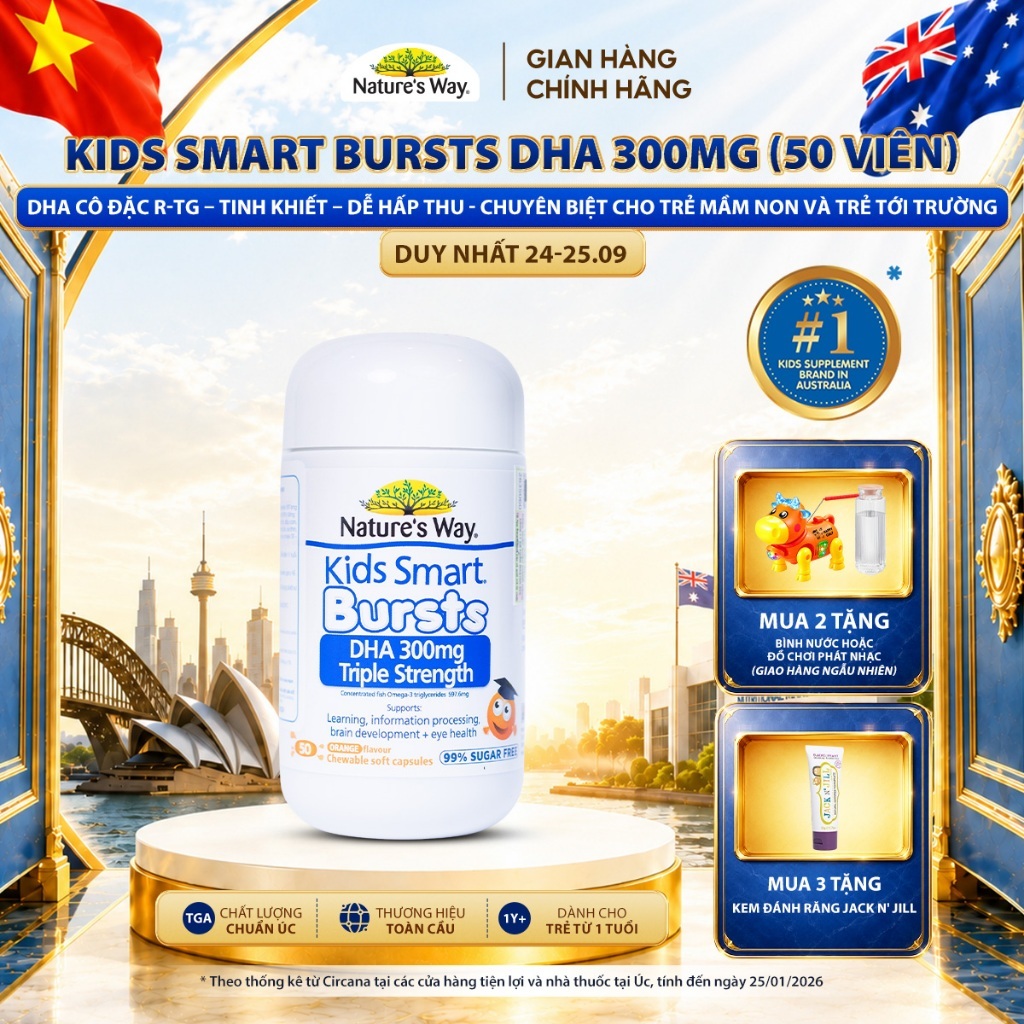 DHA 300mg Nature's Way Kids Smart Triple Strength Bổ Sung DHA Hàm Lượng Cao, Omega 3 RTG Cô Đặc Cho Bé 50 Viên