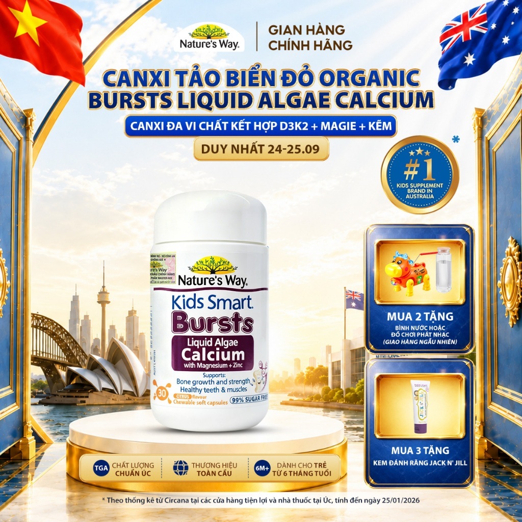 Viên Nhai Canxi Nature's Way Canxi Tảo Biển Đỏ Organic, Canxi đa vi chất Aquamin F Kết hợp D3K2, Magie, Kẽm Cho Bé 30v