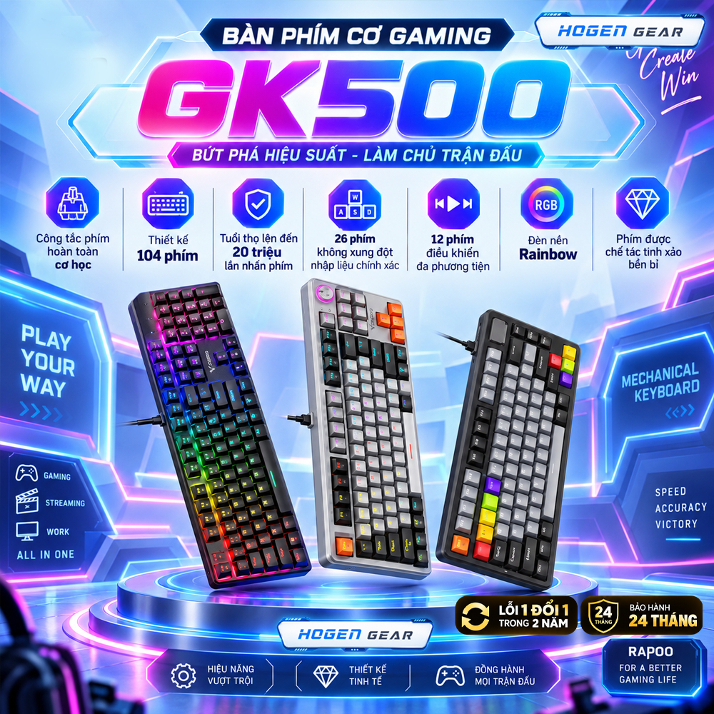 Bàn Phím Cơ Gaming Rapoo GK500,V501,ESK750 | Đèn LED | Full Size | Chống Chàn nước | Bảo Hành 24 Tháng