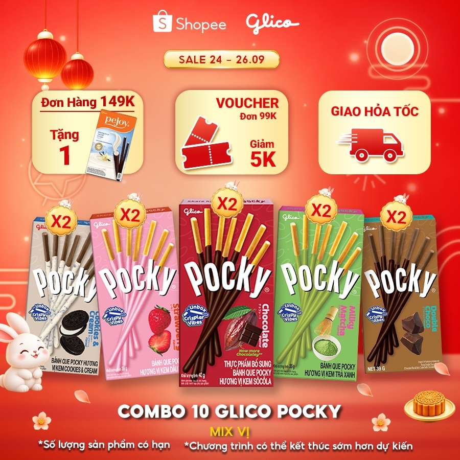 Combo 10 hộp Bánh que Glico Pocky nhiều vị (2 Matcha - 2 Socola - 2 Dâu - 2 Double Choco - 2 Cookies & Cream)