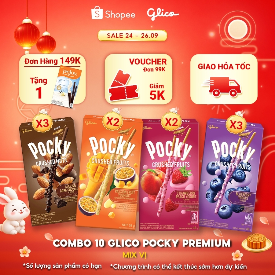 Combo 10 Hộp bánh que Pocky Cao Cấp Trái Cây Nghiền Sữa Chua mix vị (3 Việt quất - 3 Dark choco- 2 Dâu đào- 2 Chanh dây)