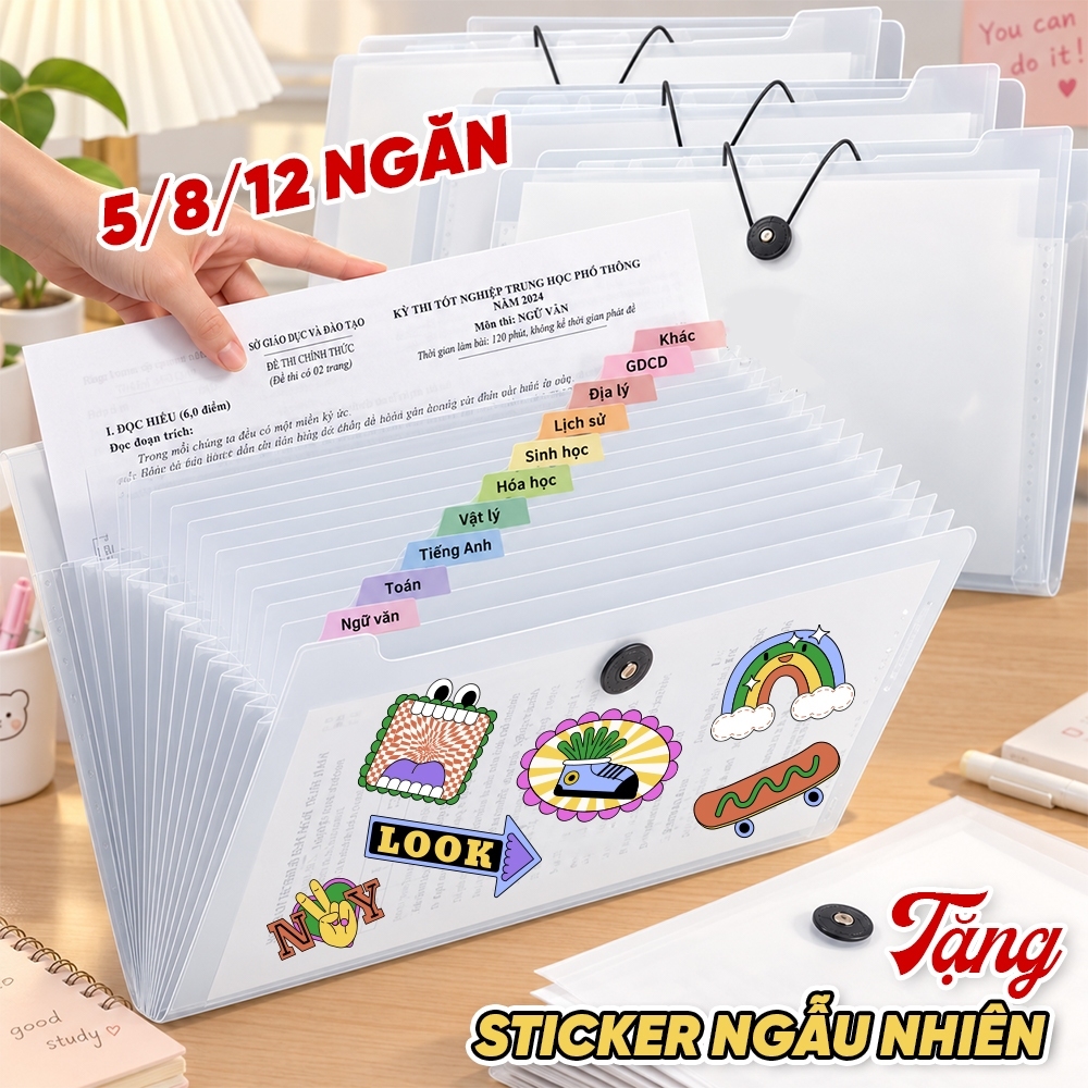 Cặp File Hồ Sơ Nhiều Ngăn Khổ A4 Bossee - Túi Đựng Tài Liệu Phân Trang 5/8/12 Ngăn Tiện Lợi Cho Học Sinh Văn Phòng