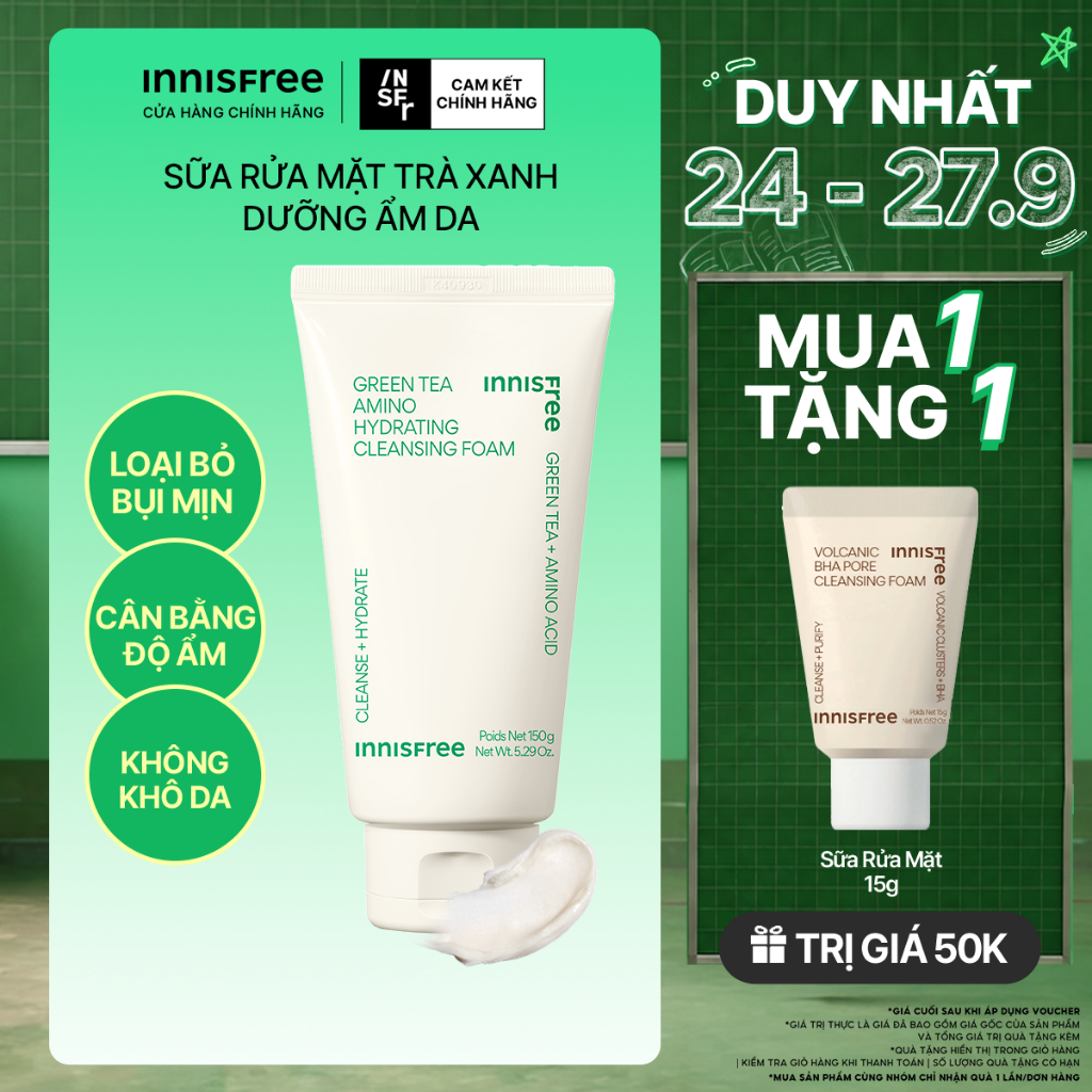 Sữa rửa mặt trà xanh sạch sâu ẩm mịn INNISFREE Green Tea Amino Cleansing Foam 150g