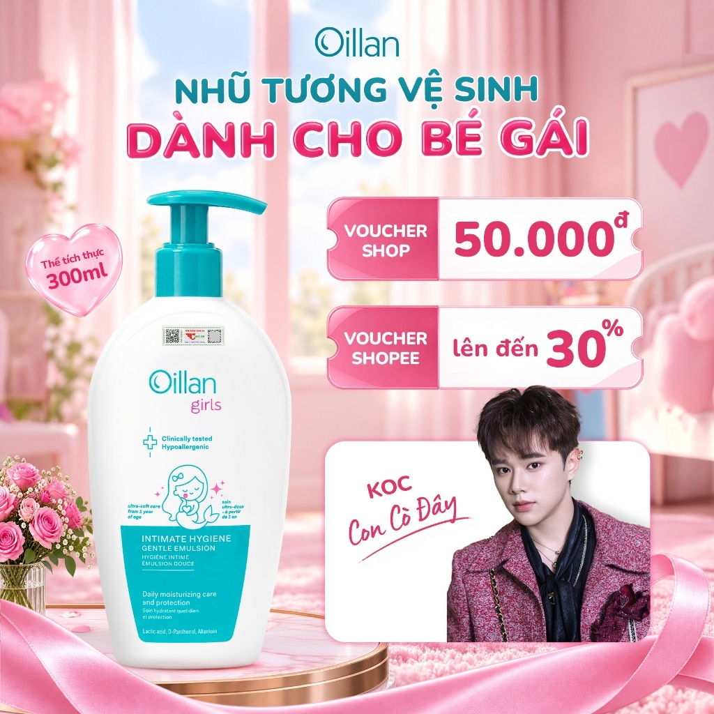 Nhũ Tương Vệ Sinh Bé Gái OILLAN GIRLS 300ml - Dung Dịch Vệ Sinh Cho Bé Gái Dịu Nhẹ, Cân Bằng pH