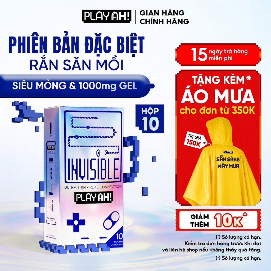 Bao Cao Su PlayAh Super Invisible Siêu Mỏng/ Nhiều Gel/ Kéo Dài Thời Gian/ Có Gai Hộp 10 size 52mm