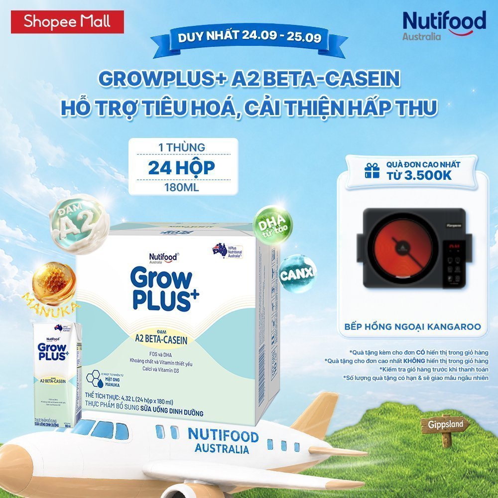 Thùng 24 hộp Sữa bột pha sẵn GrowPLUS+ Đạm A2 Beta-Casein Hộp 180ml hỗ trợ tiêu hóa, hấp thu dưỡng chất