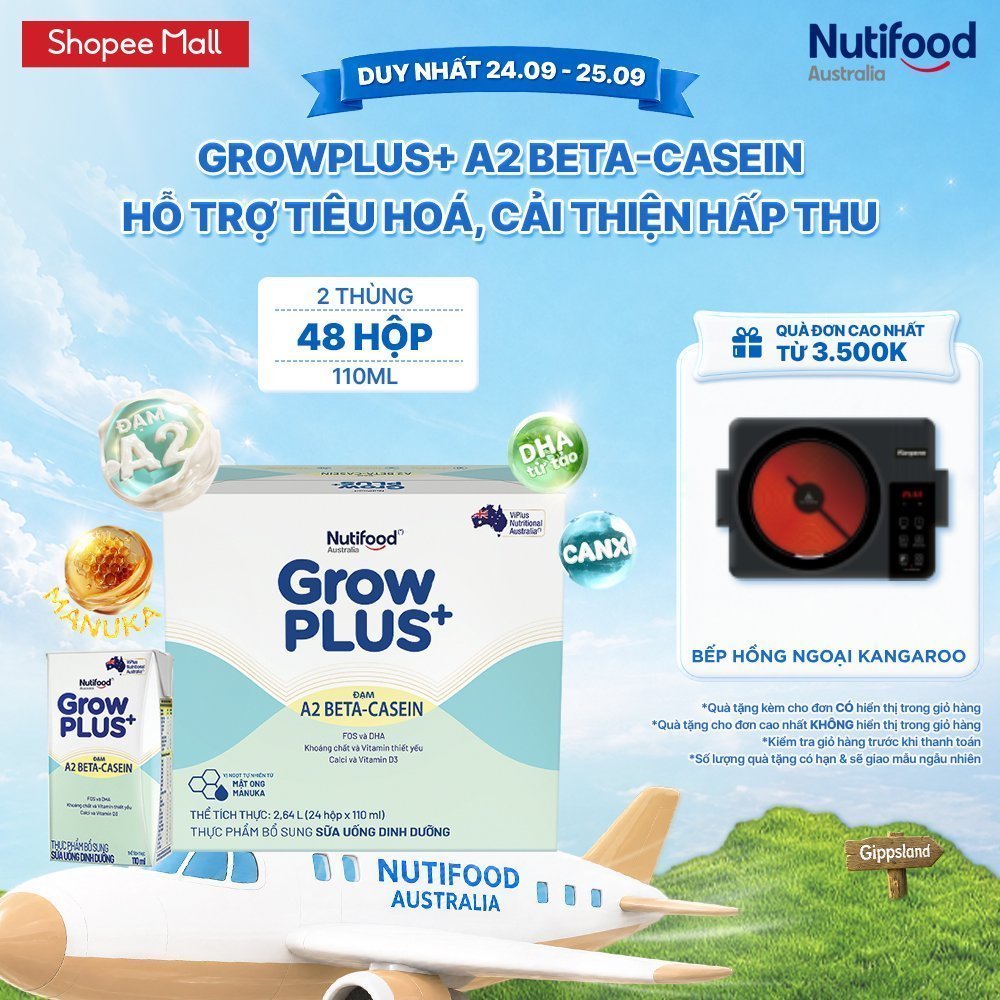 Combo 2 x Thùng 24 hộp Sữa bột pha sẵn GrowPLUS+ A2 beta-casein Hộp 110ml hỗ trợ tiêu hóa, hấp thu dưỡng chất
