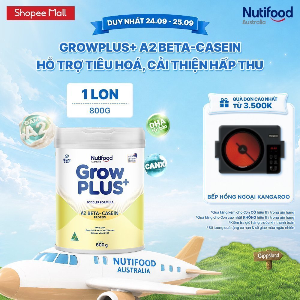 Sữa bột Nutifood Australia GrowPLUS+ Đạm A2 1+ 800g hỗ trợ tiêu hóa, hấp thu dưỡng chất