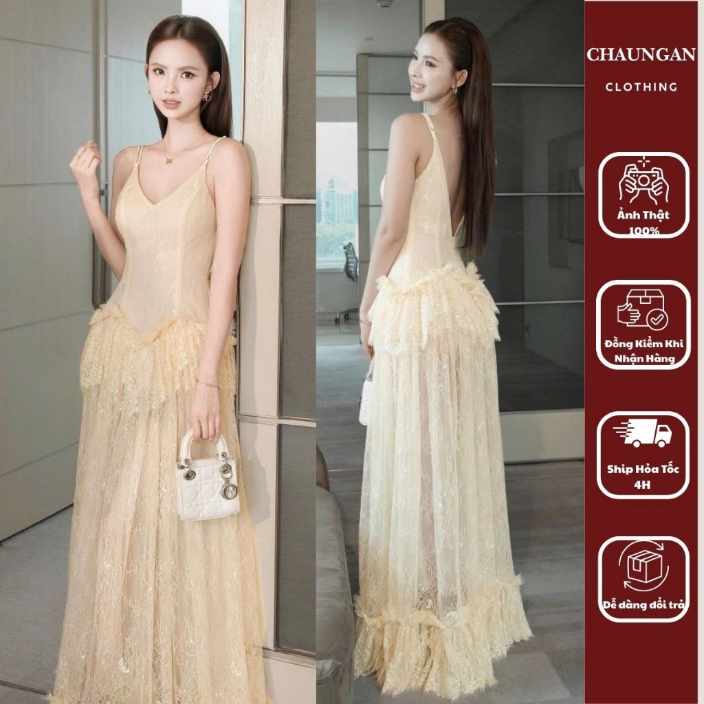 Đầm Dự Tiệc Hai Dây Cổ V Ren Hoa Phối Bèo Tầng Dáng Dài Thướt Tha CHUẨN CHÂU ANH