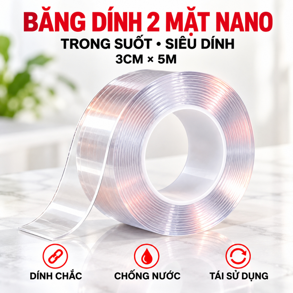 Băng Dính 2 Mặt Nano Trong Suốt Băng Dính 2 Mặt Siêu Dính 3Cm*5M Dán Cố Định Đồ Vật Không Thấm Nước Có Thể Tái Sử Dụng