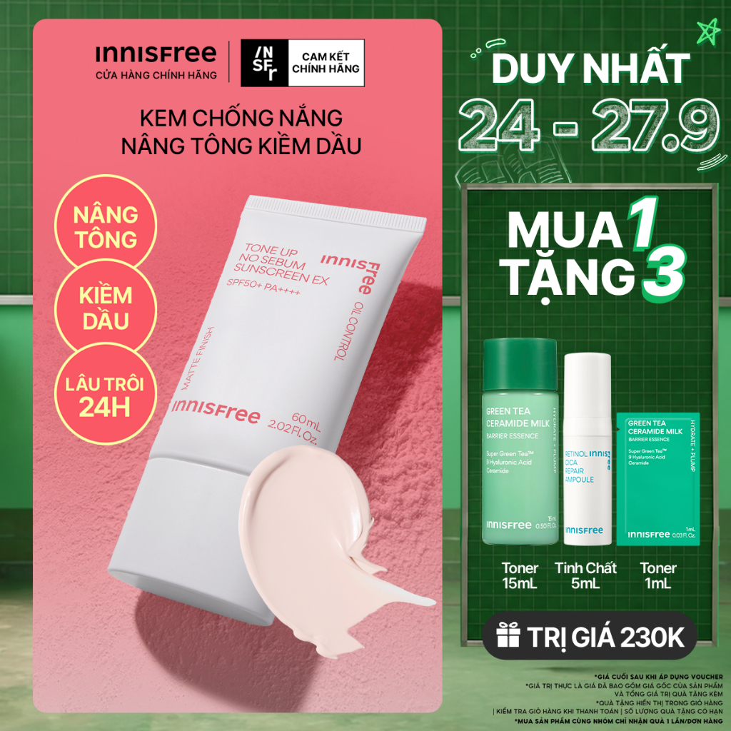Kem chống nắng nâng tông kiềm dầu INNISFREE Tone Up No Sebum EX SPF 50+ PA++++ 60 mL
