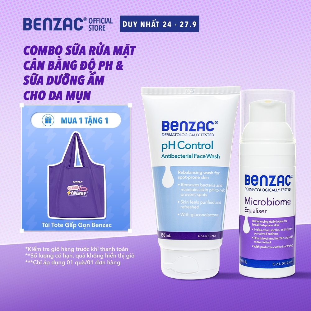 Combo Chăm sóc da mụn Sữa Dưỡng Ẩm Microbiome Equalizer & Sữa rửa mặt cân bằng pH BENZAC pH Control 50ml/150ml