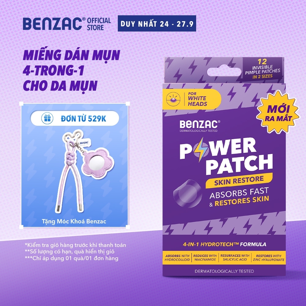 Miếng dán mụn Benzac Power Patch Skin Restore x 12 Miếng giúp giảm mụn, phục hồi, dành cho mụn mủ, mụn có nhân