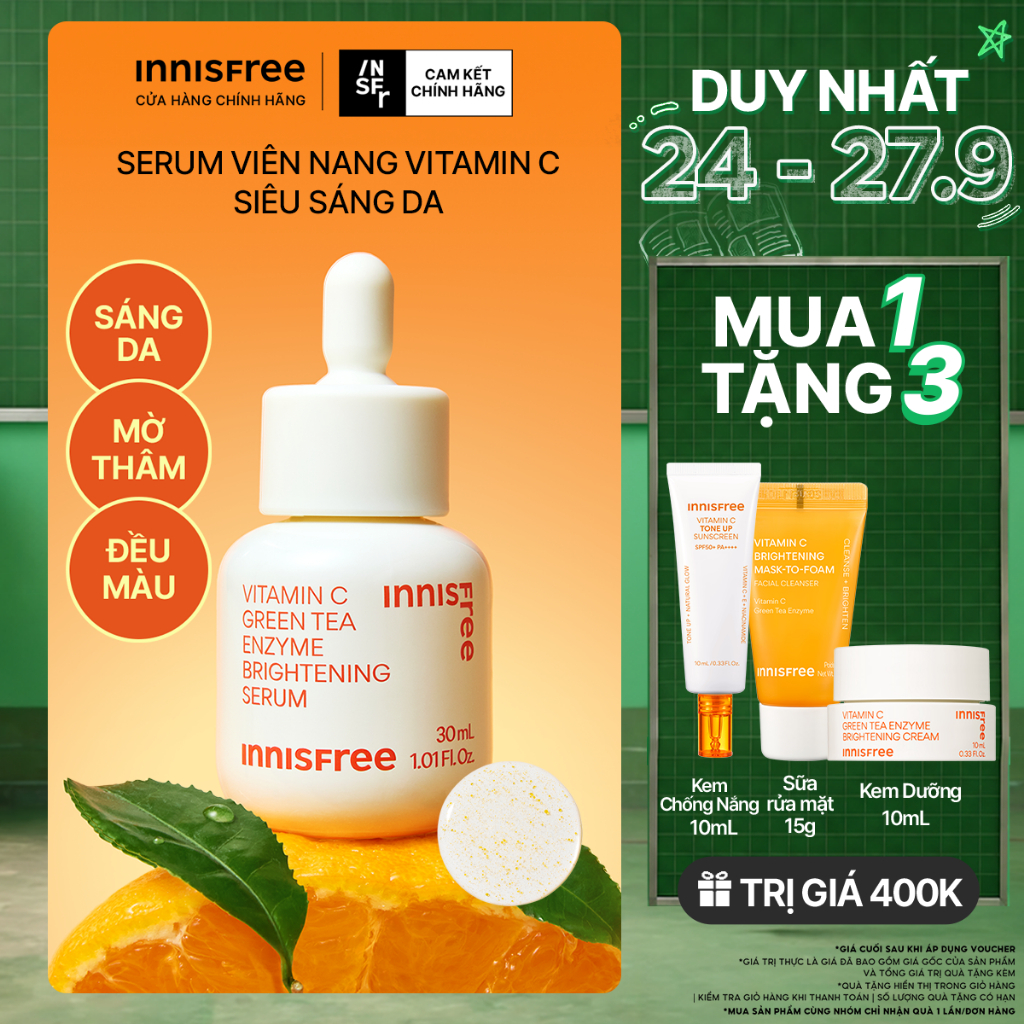 Serum Vitamin C sáng da, mờ thâm mụn INNISFREE Green Tea Enzyme Brightening Serum 30ml