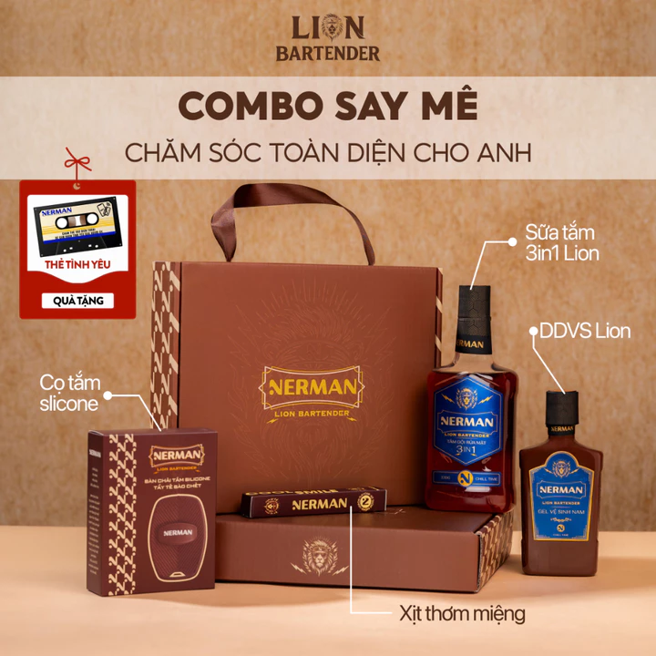 Combo say mê Nerman - Sữa tắm Lion Bartender 330g & DDVS Lion Bartender 100g & Xịt miệng & Cọ tắm